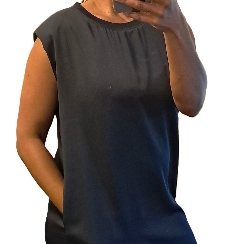 Skies are Blue Women's Satin Navy Blue Sleeveless Midi Dress with pockets L
